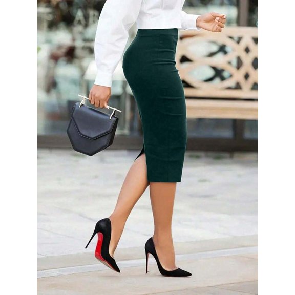 Elegant Green High-Waist Pencil Skirt With Back Slit Workwear Style