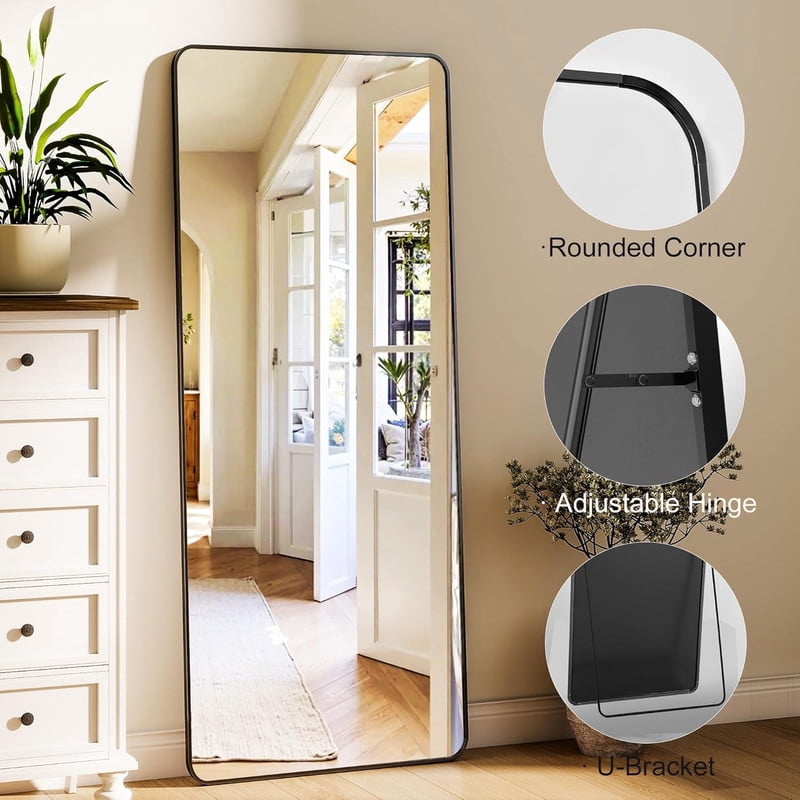 Gleamira 16"x 59" Rectangular Full Length Mirror with Rounded Corners Floor Mirror With Aluminum Alloy Frame,Black