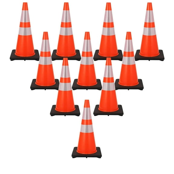 10 Pack of 28 Inch Durable Safety Traffic Cones - Orange PVC Cones with Reflective Collars for High Visibility; Safety Cones Great for Parking Lots, Driveways, and Traffic Management