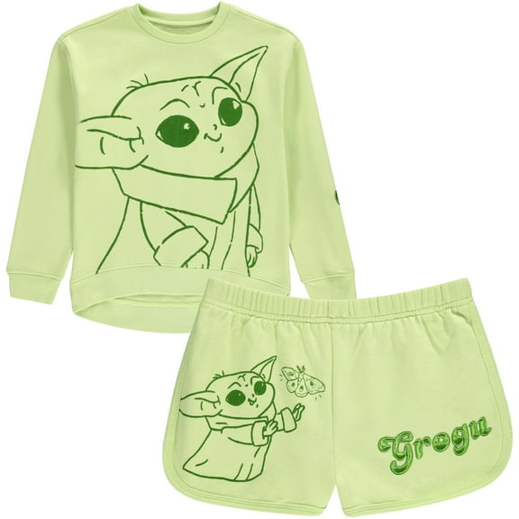 STAR WARS Girls Baby Yoda Crewneck Sweatshirt and Shorts Clothing Set- Little and Big Girl Sizes 4-16, Green, 6