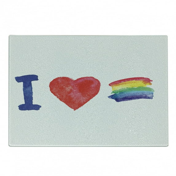 Pride Cutting Board, Display of I Love Pride Theme with Watercolor Heart Rainbow Flag Grunge, Decorative Tempered Glass Cutting and Serving Board, Small Size, Multicolor, by Ambesonne