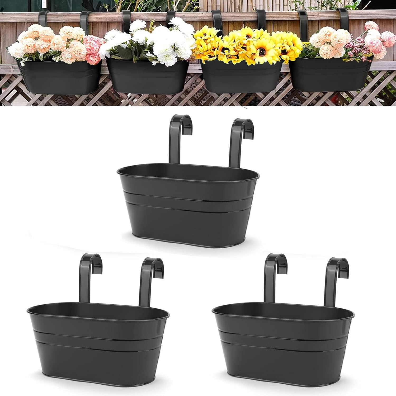 Metal Wall Hanging Planter,Bexikou 3 Pcs Balcony Metal Buckets with Detachable Hooks&Drainage Holes,Large Oval Fence Hanging Planters for Railing Outdoor Great for Garden Home Decor, Black
