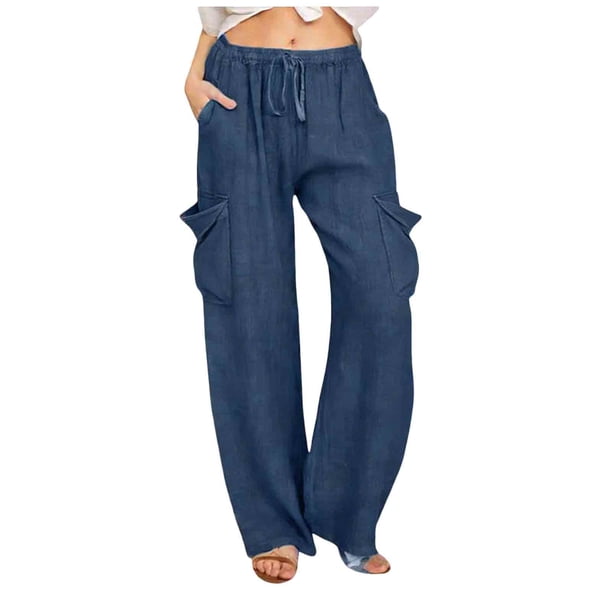 TaTaai Women's Trendy Imitation Denim Solid Color Loose Straight Wide Leg Long Pants Elastic Drawstring Waist with Large Side Pockets Comfortable Versatile Daily Outfit Pants Gift