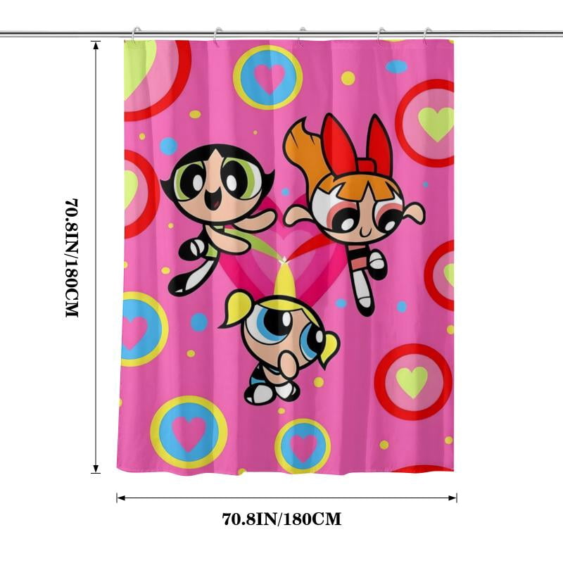 Lheaggik Cartoon Powerpuff Girl 4 Pcs Bathroom Sets with Shower Curtain and Rugs, Waterproof Polyester Shower Curtain Sets with Hooks