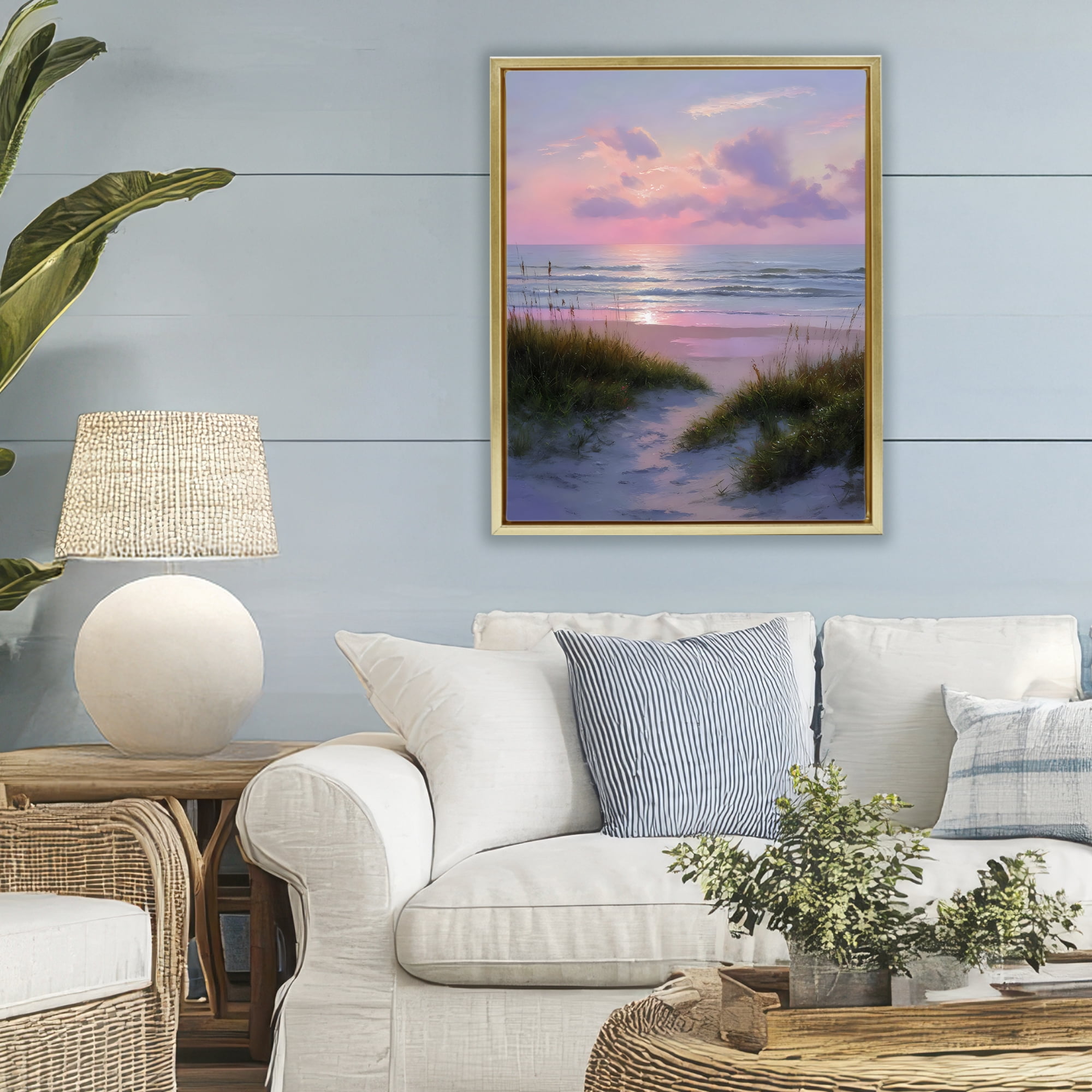 Stupell Industries Romantic Beach Sunset in Pink Gold Framed Floater Canvas Wall Art, design by Franklyn Gregory