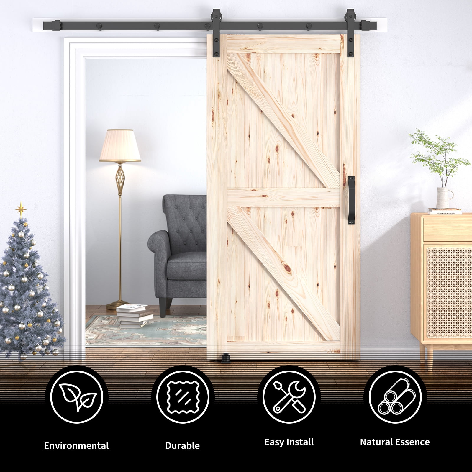 ZAFLY 42"x 84" Sliding Barn Door, Single Track Sliding Barn Door with Hardware Kit and Handle, Classic Wooden Barn Doors - Natural