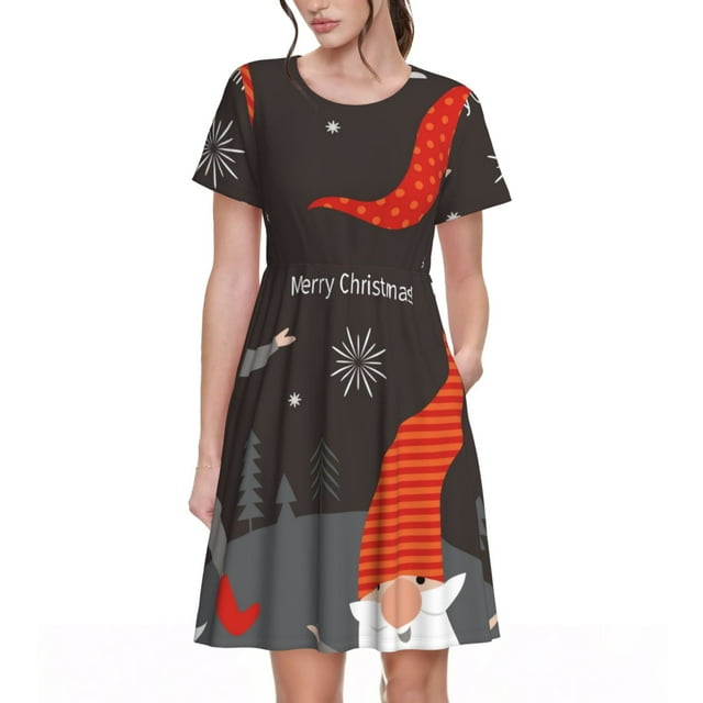 Easygdp Christmas Gnomes In Red Hats para Vestido Transpirable de Mujer, Vestido Suelto de Manga Corta con Pliegues y Bolsillos para el Verano
