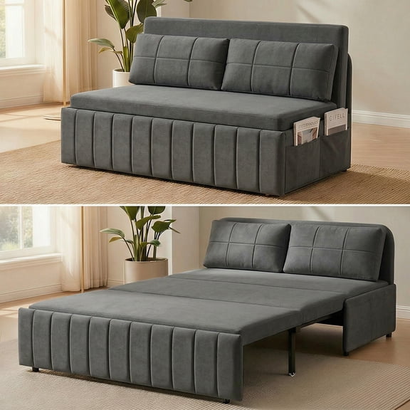 Puremind Queen Size Pull Out Sofa Bed, Convertible Sleeper Sofa with Pull Out Bed, Loveseat Couch Bed with Pillows for Living Room/Apartment, Dark Gray