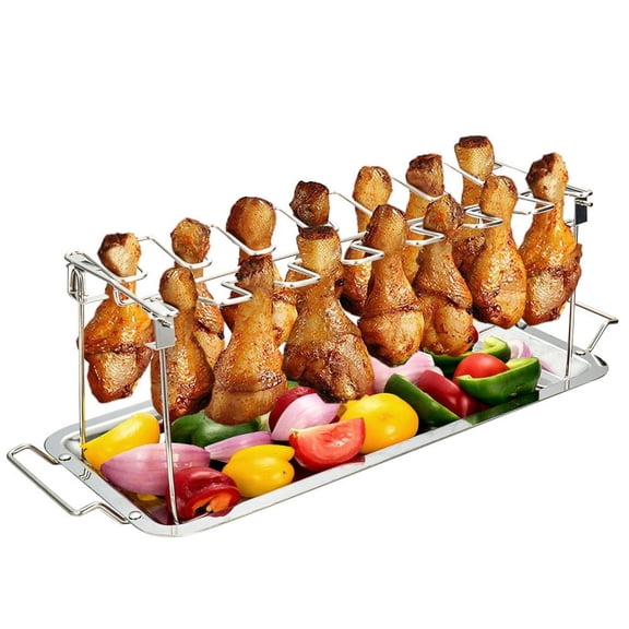 14-Slot Chicken Leg Rack with Drip Tray, Foldable Stainless Steel Drumstick and Wing Holder for Grill, Smoker and Oven