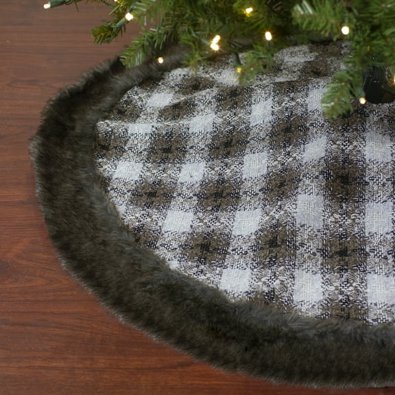 Northlight 48" Brown and White Plaid Christmas Tree Skirt with Faux Fur