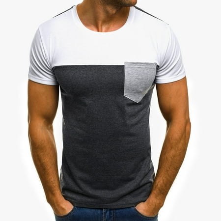 2019 top sales Men Muscle T-Shirt Slim Casual Fit Short Sleeve Patchwork Pocket Blouse Top