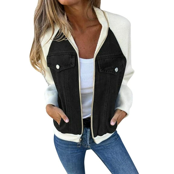 Seductiva Women Long Sleeve Tops Shirts Women Women's Long Sleeve Denim Jacket Stylish Casual Zipper Patch Women Work Color Block Denim Shirt Top Casual Collared Blouses Loose Fit Basic Tees