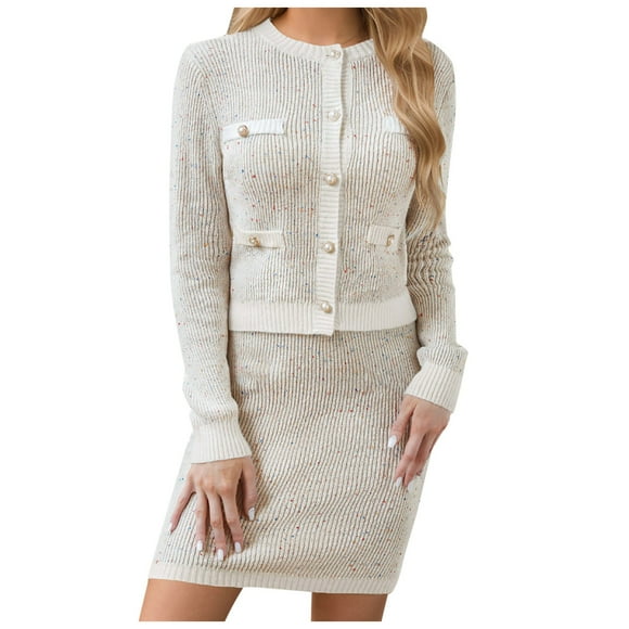 Fgnfyis Knitted Cardigan Pocket Button Small Fragrance Skirt Suit Two Piece Sets for Women White M