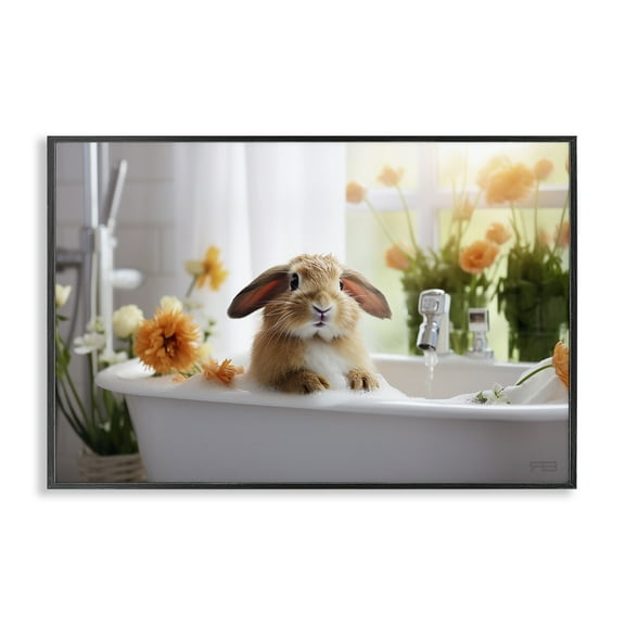 Stupell Industries Bathing Baby Bunny Typography Painting Black Framed Art Print Wall Art, 18 x 12