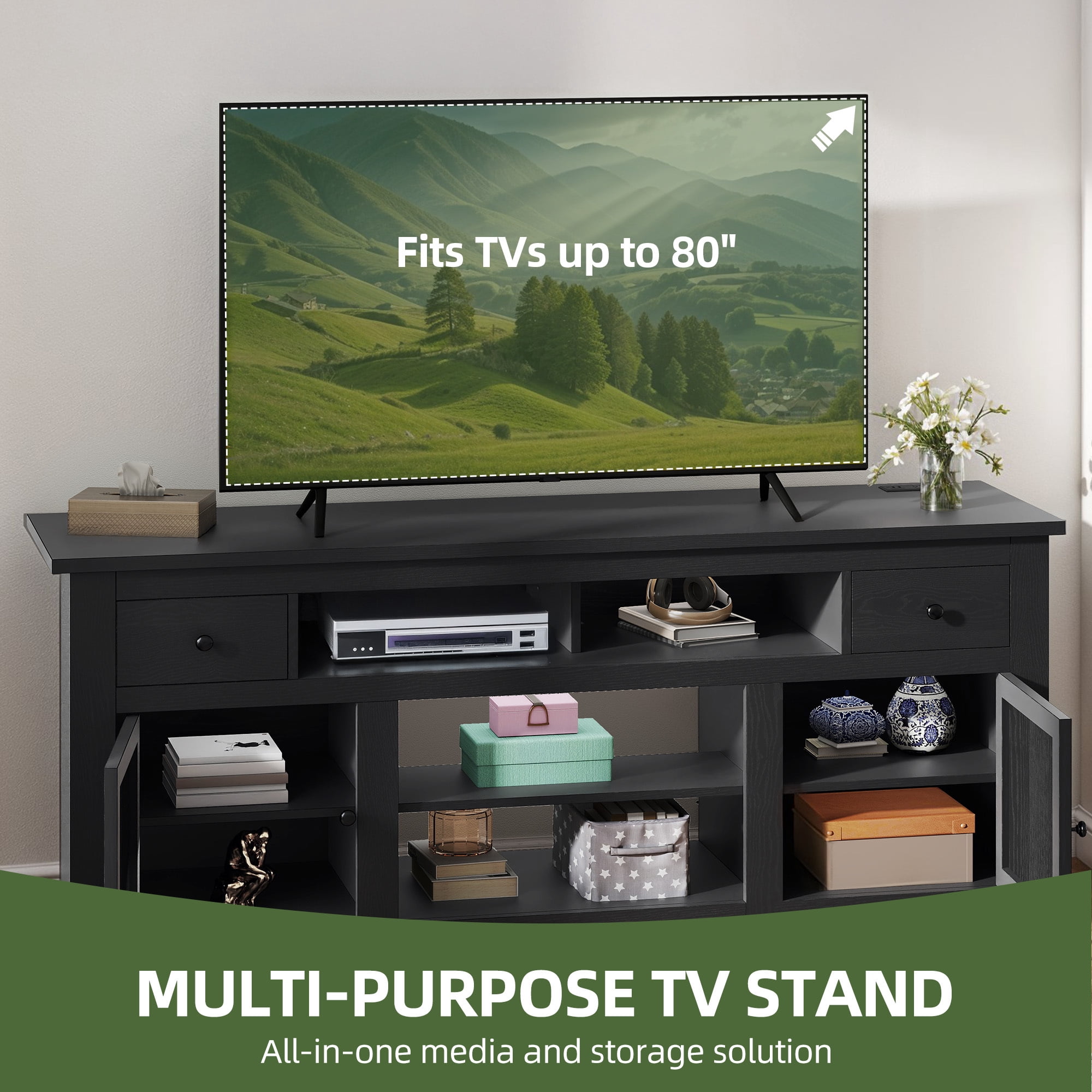 Uforic 70 Inch Modern Farmhouse TV Stand for 75/80 Inch TV with Built-in Power Outlets, 2 Cabinets & Open Compartments for Living Room, Black
