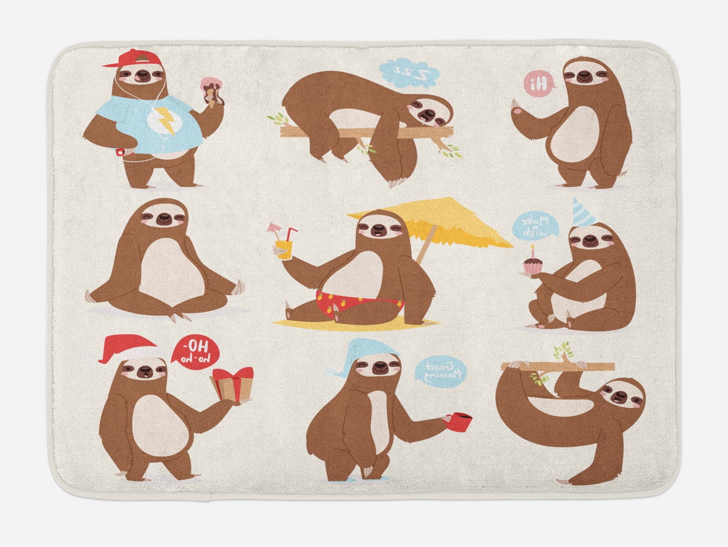Sloth Bath Mat, Cute Funny Sluggard Animal Character Different Poses