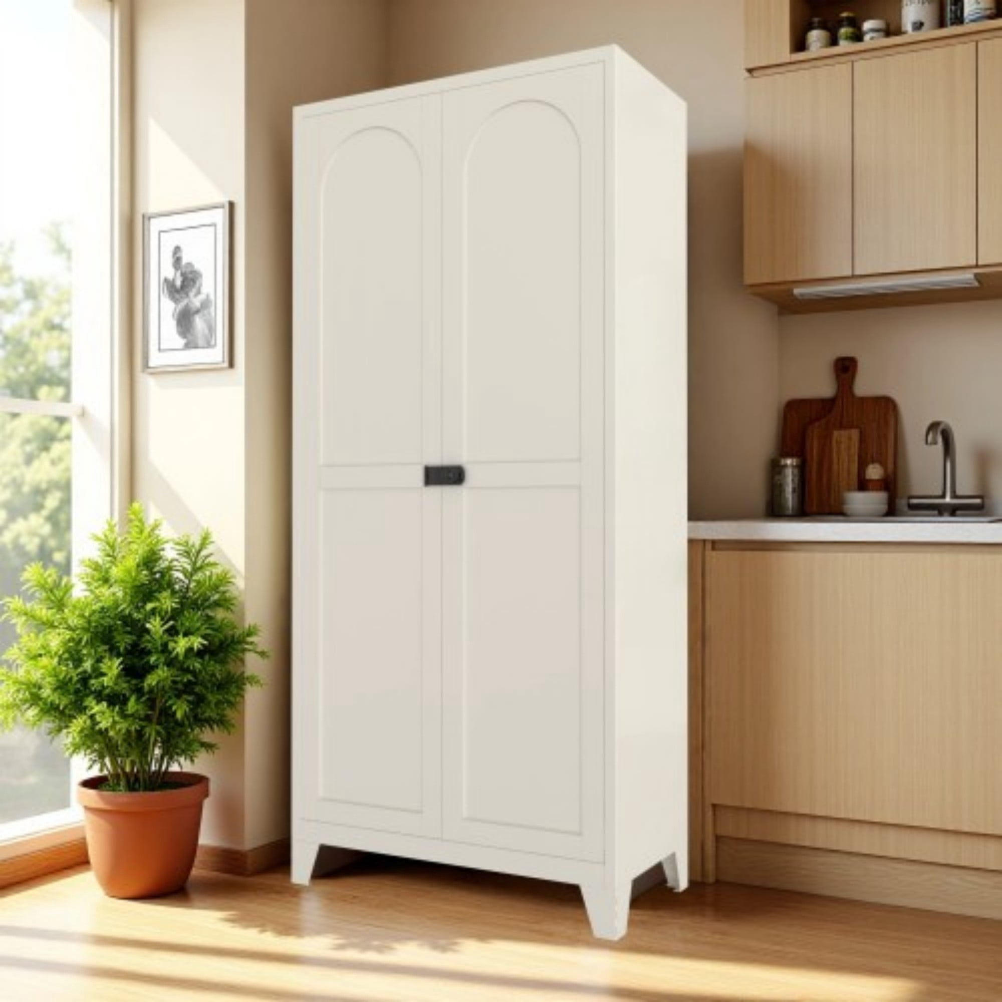 71" Metal Storage Cabinet with Lock, Adjustable Shelves & 2 Doors, Tall Steel Cabinet for Kitchen, Bedroom, Office, Beige