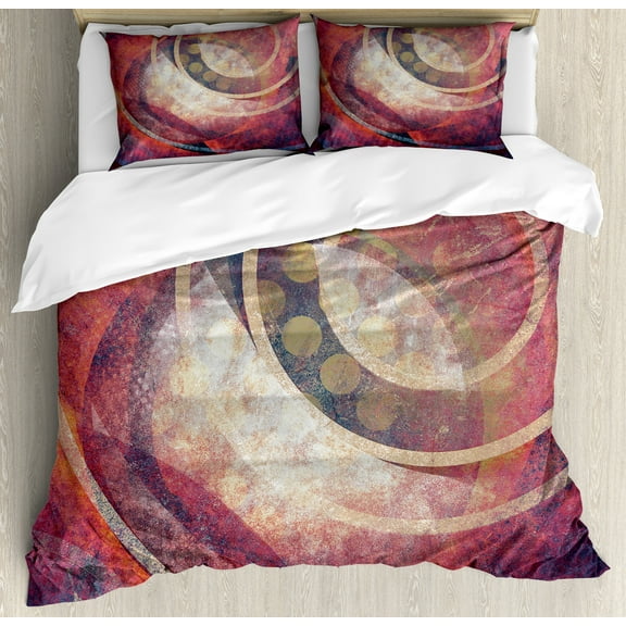 Antique Duvet Cover Set, Grunge Circles Aged Display Old Fashioned Retro Elements, Decorative 3 Piece Bedding Set with 2 Pillow Shams, Queen Size, Red Yellow, by Ambesonne