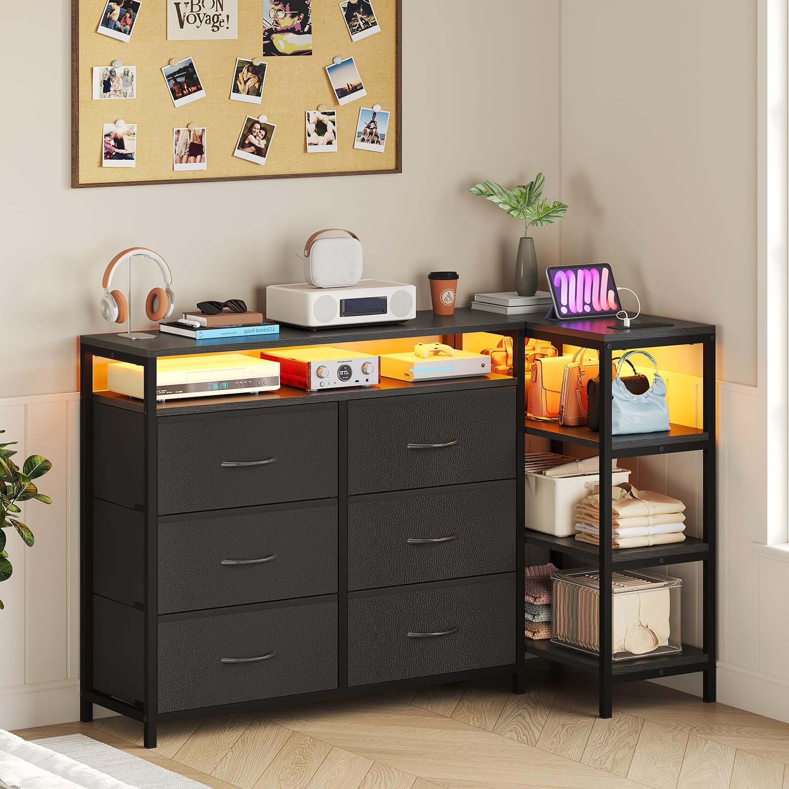 Afuhokles 6 Drawer Dressers for Bedroom with Charging Station and LED Light, 6 PU Drawers, 3 Open Shelves, Black