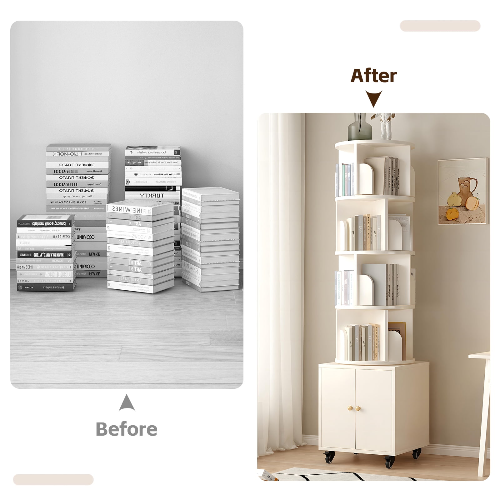 Rotating Bookshelf, 5 Tier Corner Bookcase with Storage Drawer and 360-Degree Rotation, Modern Design for Bedroom or Office, White Finish