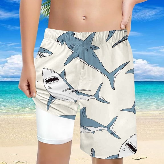 FUZHIQ Boys Swim Shark Print Trunks With Compression Liner Boy Bathing Suit Quick Dry Beach Swimsuit Toddler Swim Shorts,7 Years