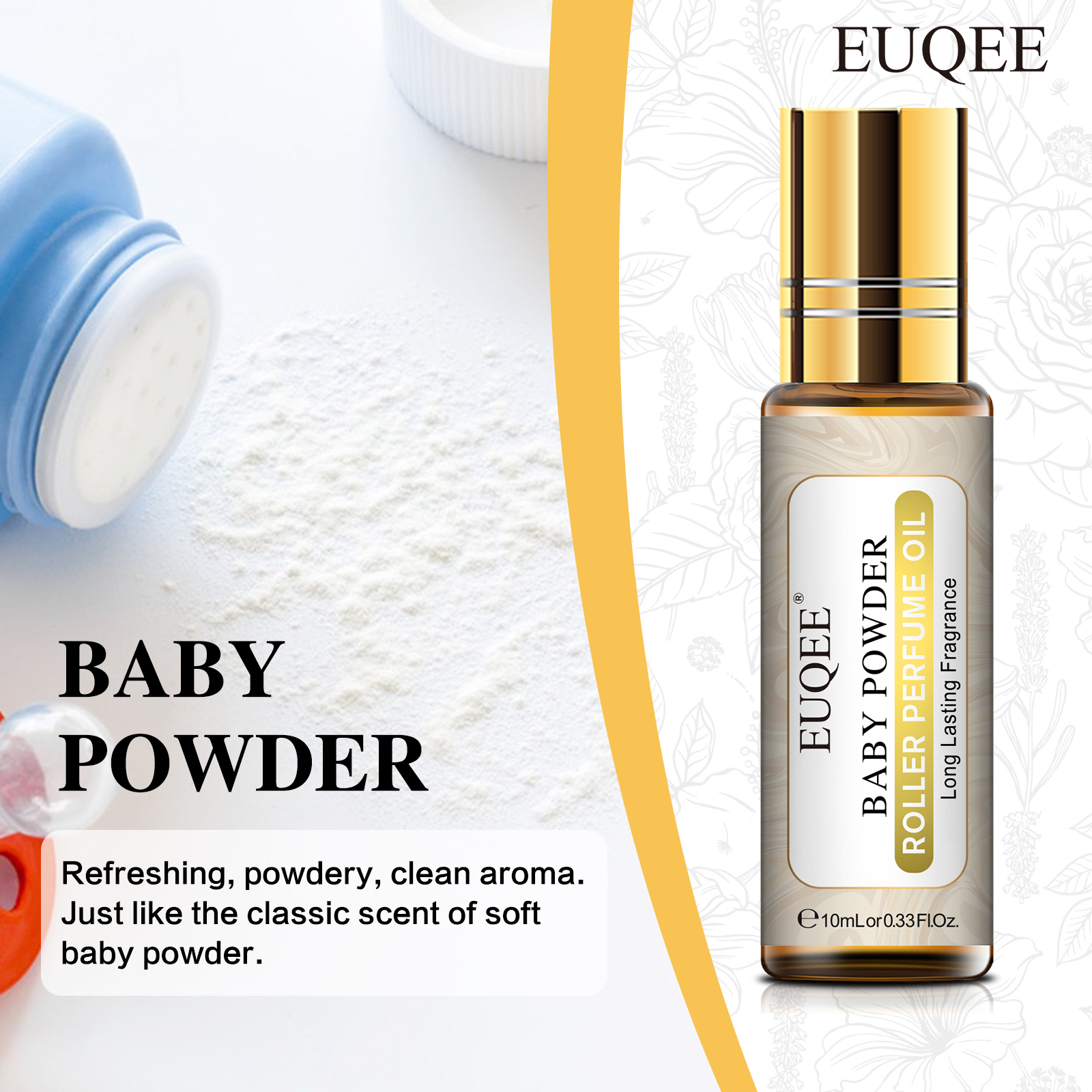 EUQEE Baby Powder Roll-on Perfume Essential Oils for Aromatherapy,  Diffuser, Soap Making, DIY Perfume, Skin Care (10ml/0.33fl.oz)