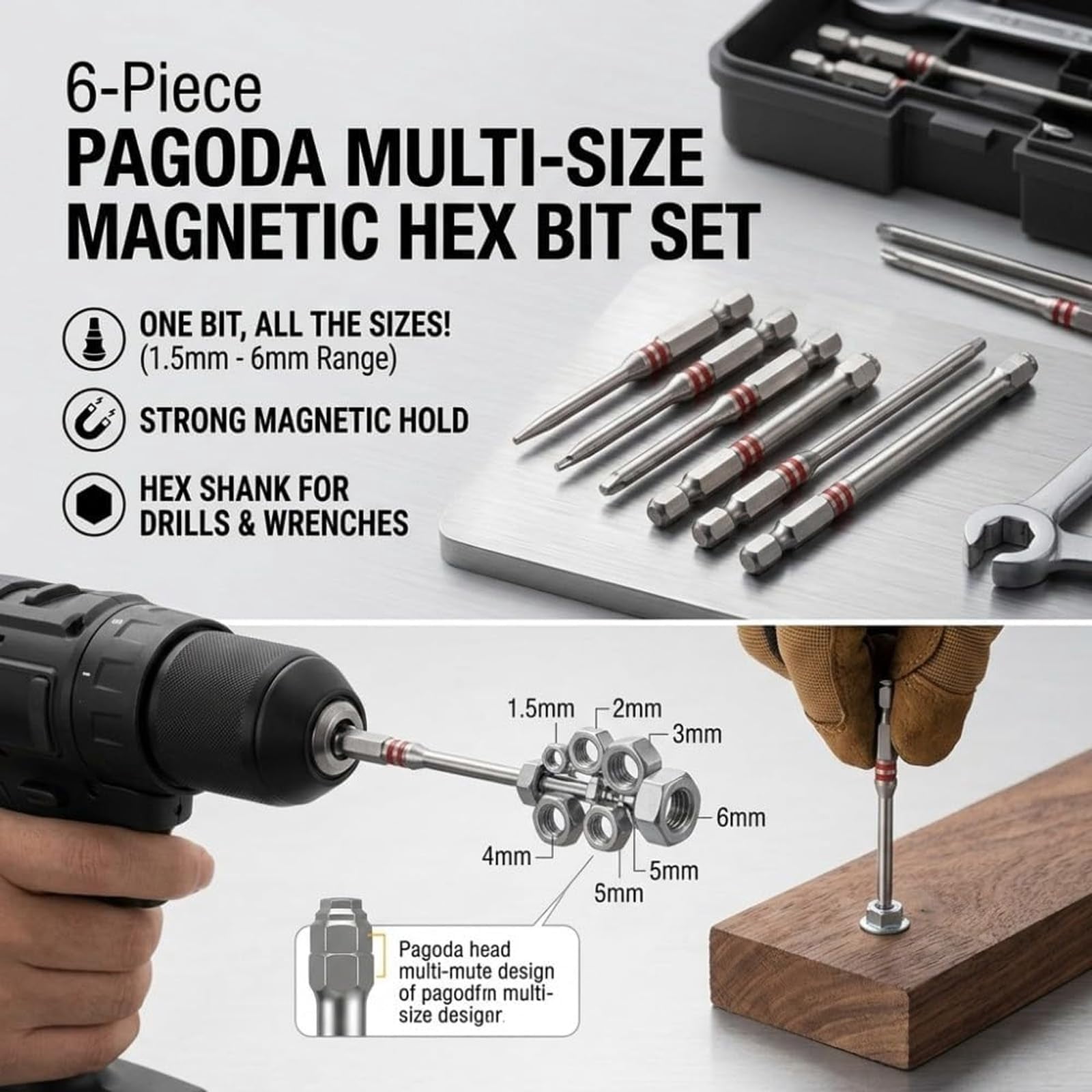 Pagoda Hex Screwdriver Bit Set, Magnetic Pagoda Hex Bits, 6-Piece Pagoda-Shaped Drill Bit Set, High-Magnetic Screwdriver Drill Bit Set for Electric Drill Wrench DIY Repair