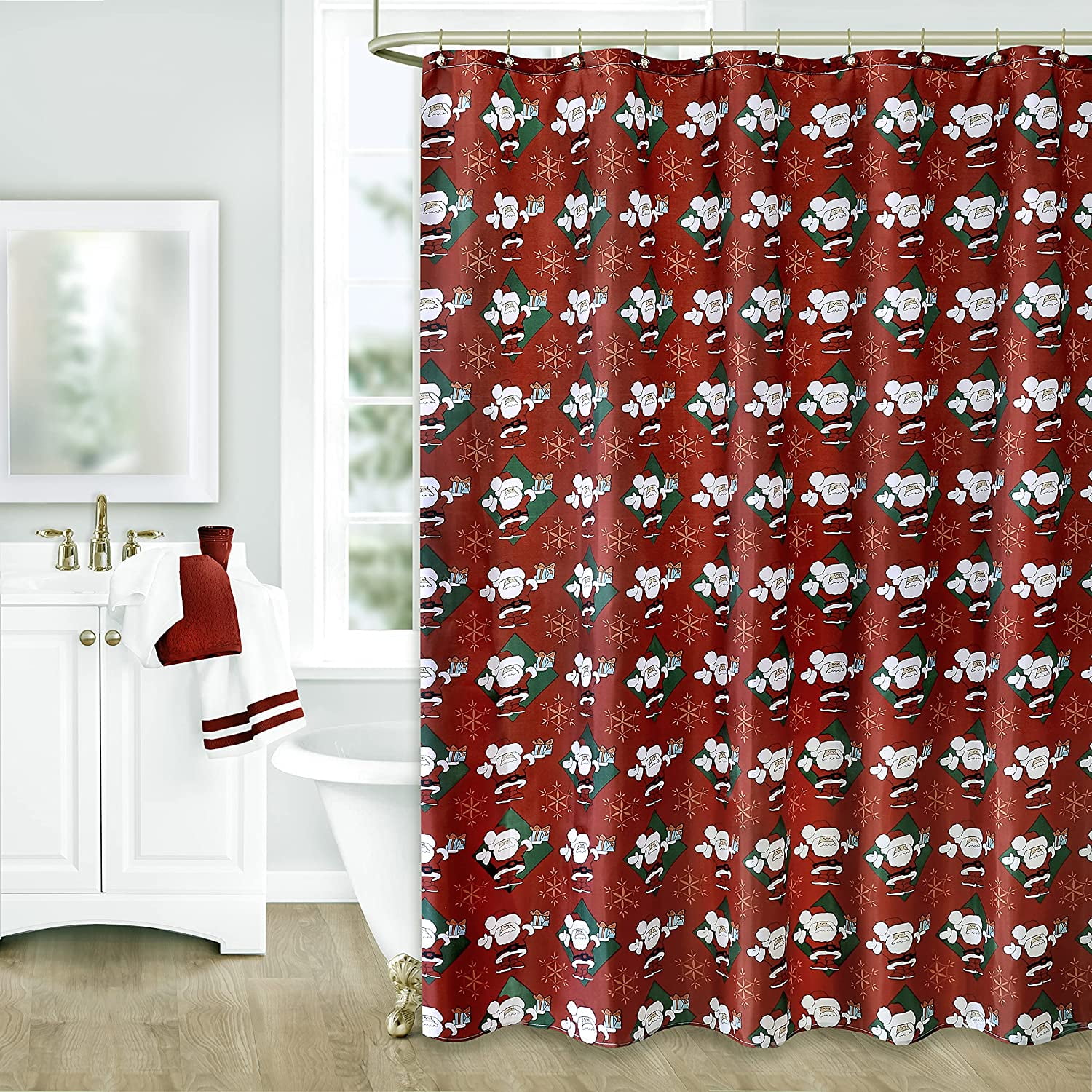 Jolly Holiday Santa Claus Fabric Christmas Shower Curtain Bright Red