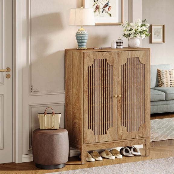 Finmind  6-Tier Shoe Cabinet with Doors, Wooden Shoe Storage Organizer with Adjustable Shelves for Entryway, Bedroom, Closet, Living Room, Wood Brown