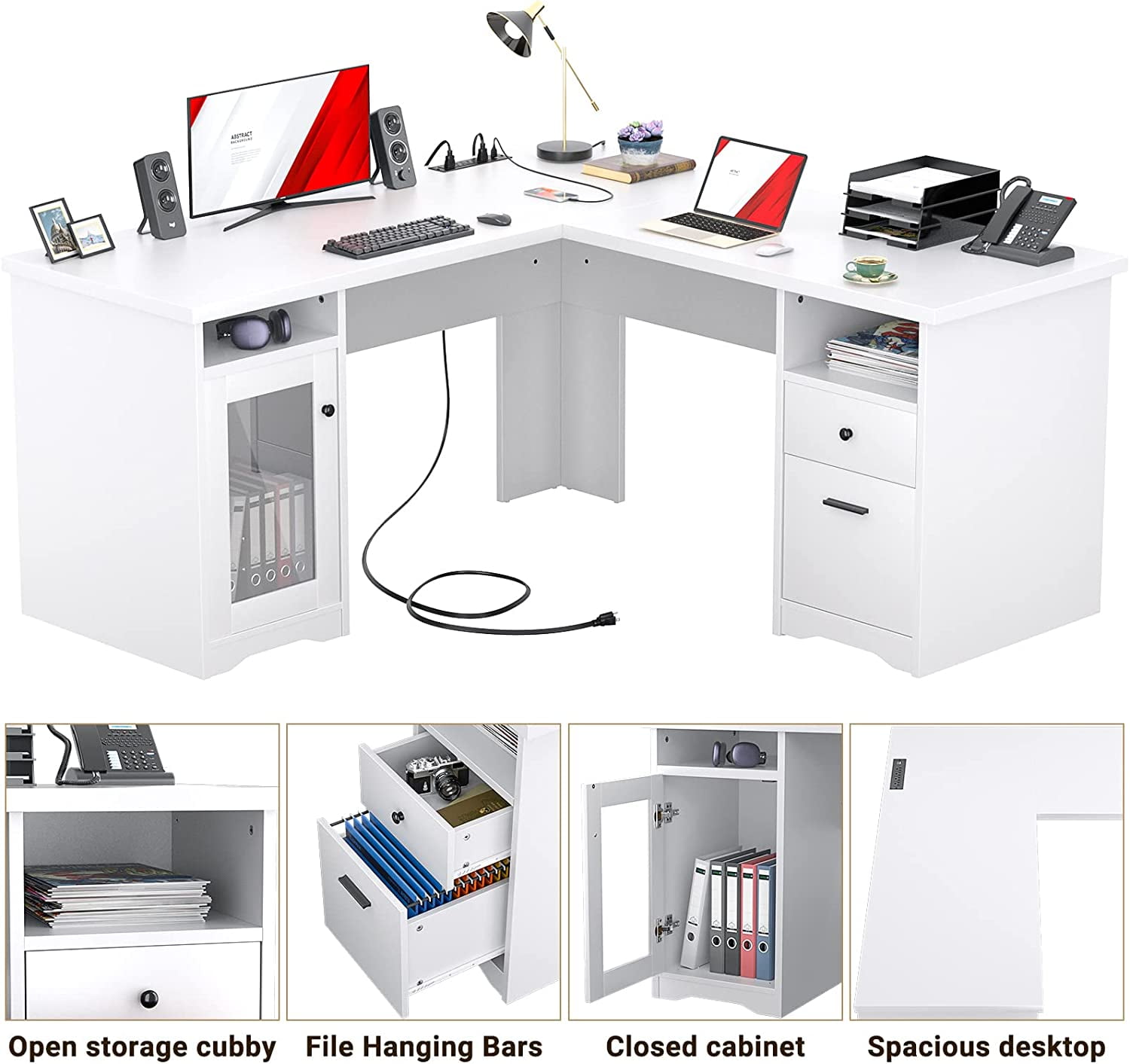 Homieasy L Shaped Desk with Power Outlet and USB Ports, 60 Inch Corner Computer Desk with Drawers and Storage Shelves, Large 2 Person Study Table L-Shaped Office Desk with File Cabinets, White