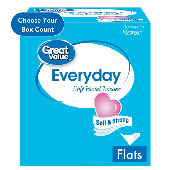 Great Value Everyday Soft 2-Ply Flat Box Facial Tissues, (160 Total Tissues)