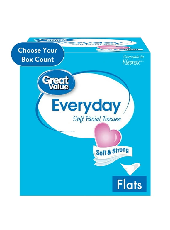 Great Value Everyday Soft 2-Ply Flat Box Facial Tissues, (160 Total Tissues)