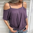 thumbnail image 3 of Women Cold Shouler T Shirt Pure Color Short Sleeve Loose Fitting Camisole Top for Summer Light Purple L, 3 of 5