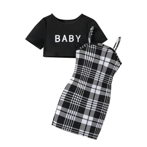 Fshinging Baby Girls Outfits 2 Piece Short Sleeve Crop Tops And Plaid Print Bodycon Dress Spaghetti Strap Sleeveless Dresses Set