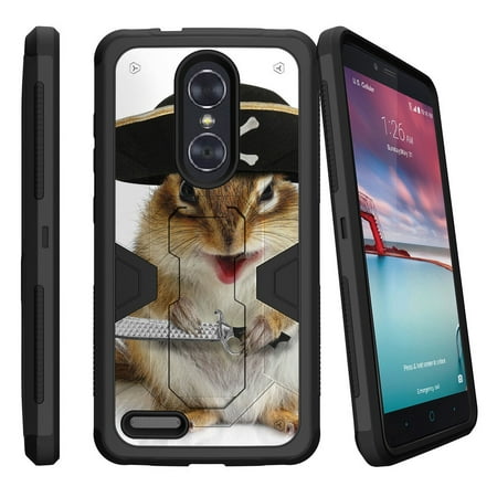 Pro Squirrel (ZTE Zmax Pro Z981 Dual Layer Shock Resistant MAX DEFENSE Heavy Duty Case with Built In Kickstand - Pirate)