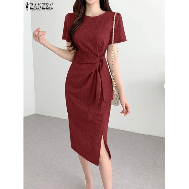 ZANZEA Short Sleeve Elegant Vestidos Lace-Up Sexy Women's Dress Summer O-Neck Fashion Sundress Solid Color Split Party Robe 20234XL Gao Jinjia LED