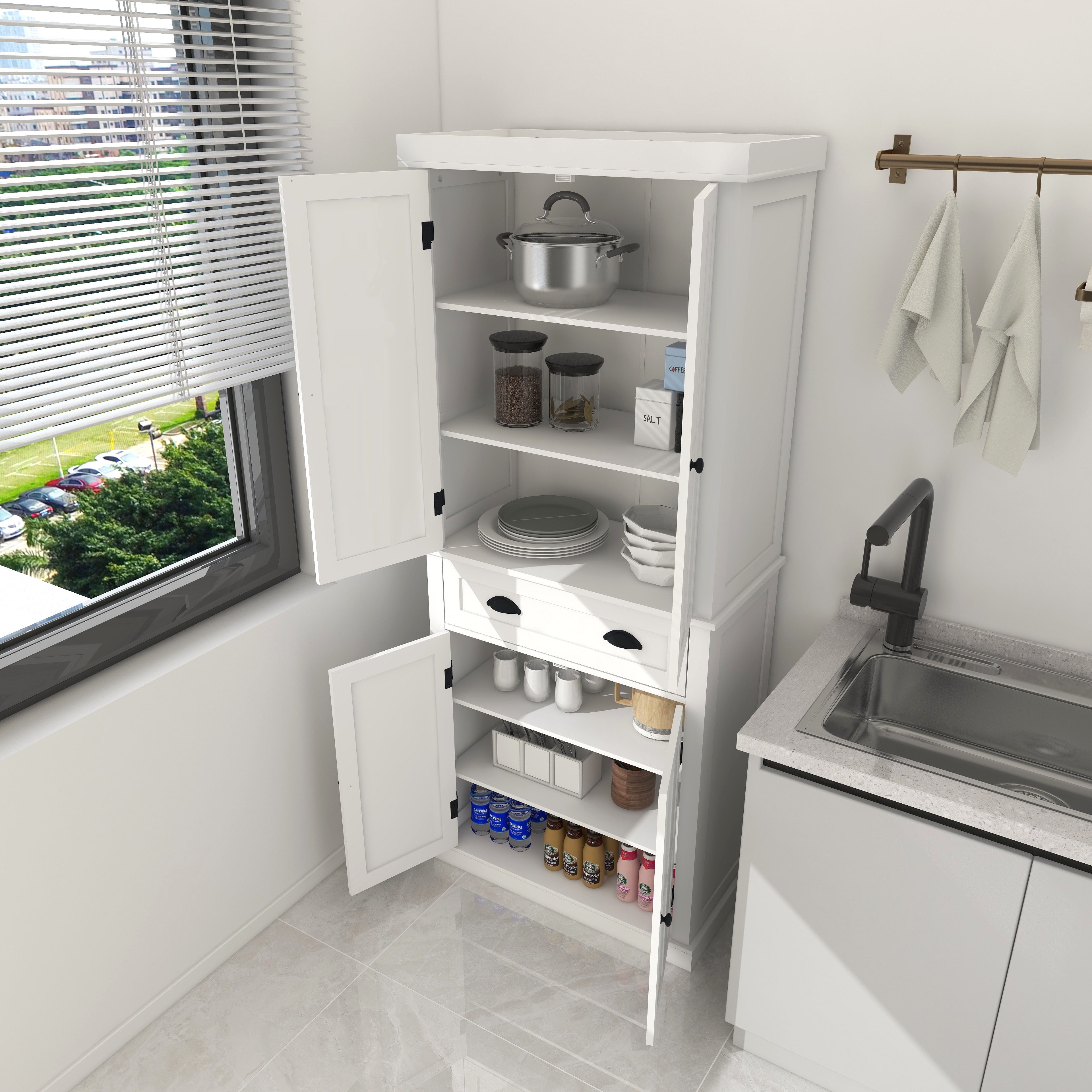 CoSoTower 71" Kitchen Pantry Storage Cabinet , with 4 Doors, Drawer, 2 Adjustable Shelves, Freestanding Cupboard for Dining Room Living Room, Laundry-White
