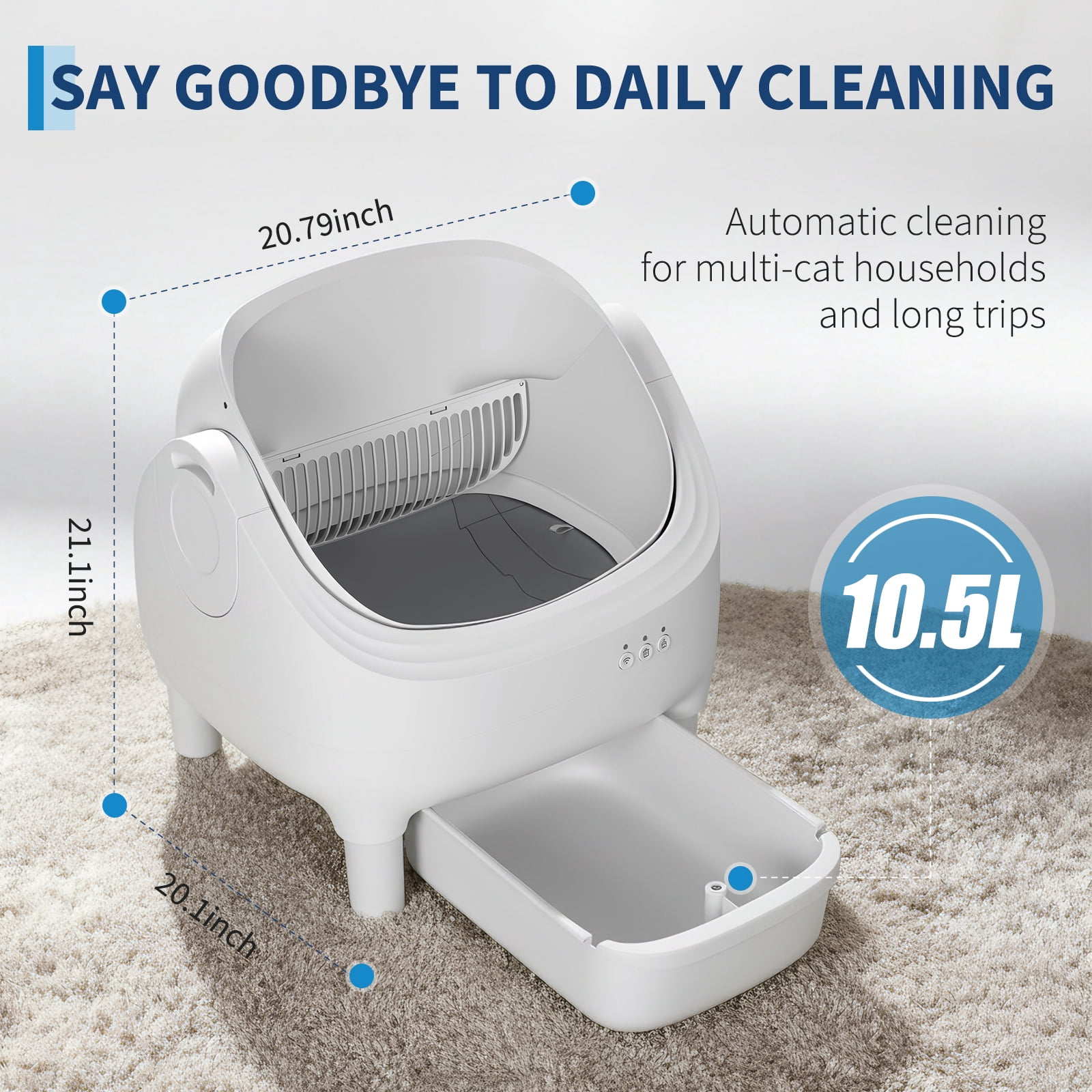 APP-Controlled Automatic Self-Cleaning Cat Litter Box – Open-Top Design, 10.5L Odor-Free Waste Disposal, Large Bin with Trash Bags, For Multiple Cats – Pet Toilet for Cat Hygiene, White