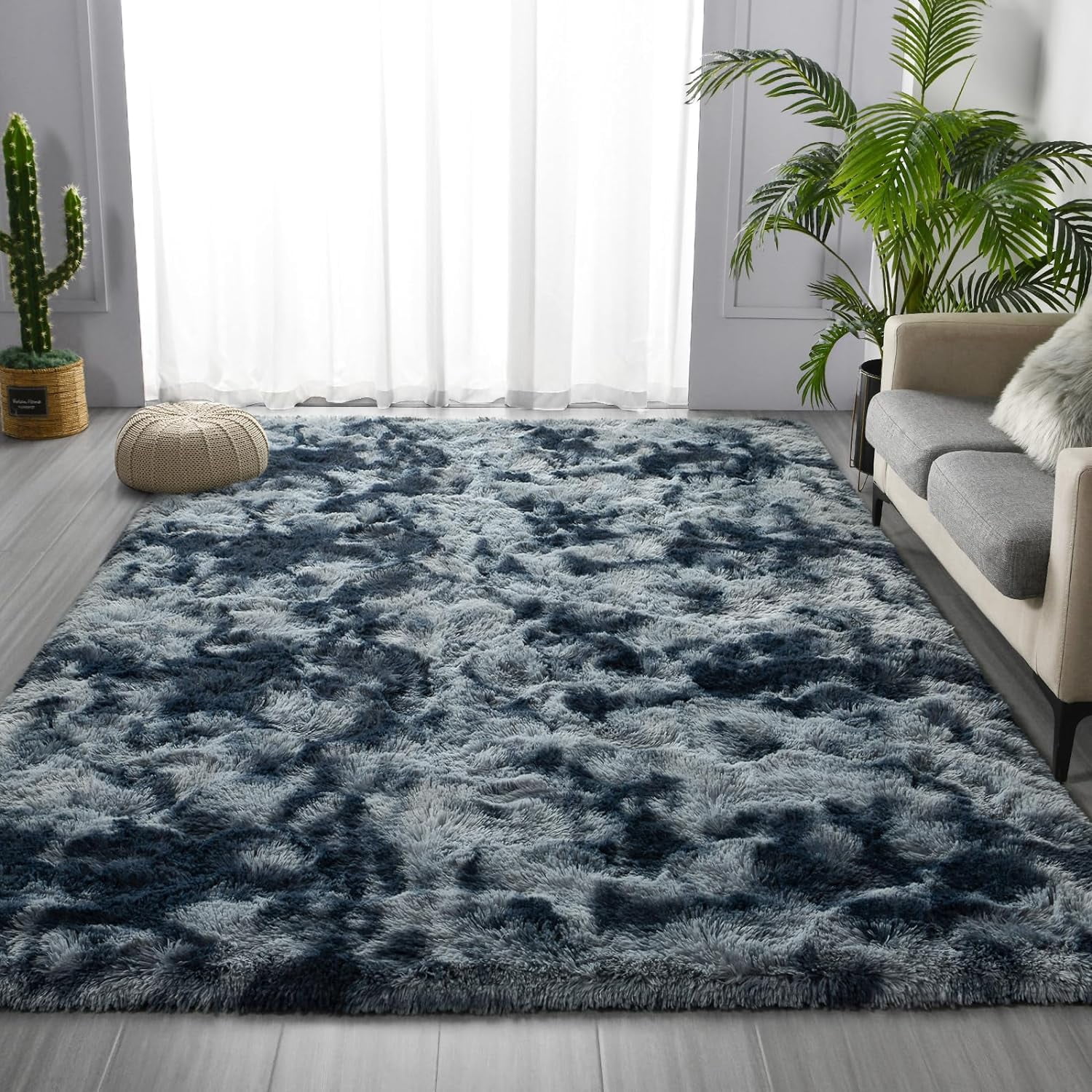 Noahas Fluffy Area Rug for Living Room Bedroom, 4 x 6 Tie-Dyed Blue Grey Rug Fuzzy Non-Slip Modern Carpet Ultra Soft Faux Fur Rugs for Dorm Kids Room Home Decor