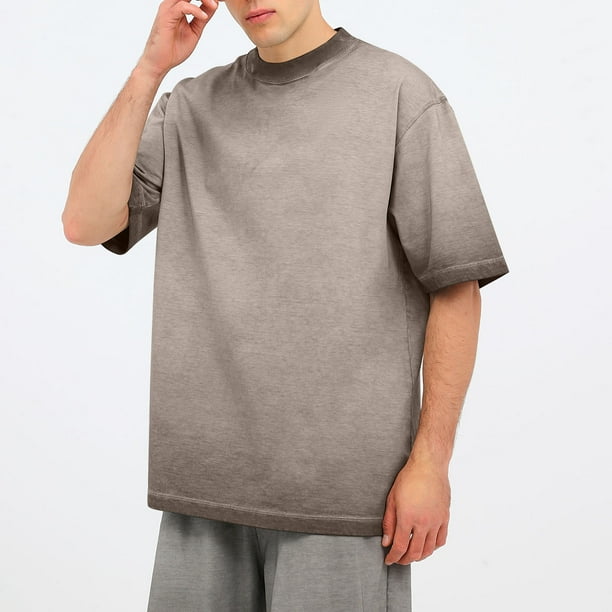 Camisa Elvqul de Hombre de Color Sólido Manga Corta Café Algodón Cuello Redondo Gym Mayor