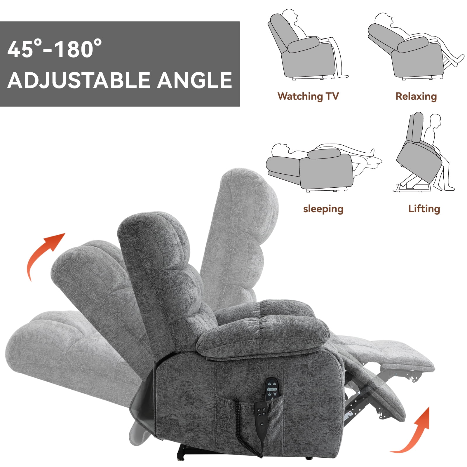 Power Lift Recliner Chair, Heat Massage Dual Motor Infinite Position 350 LBS Heavy Duty, Electric Remote Recliner for Elderly, Medium-Firm Chenille, Grey
