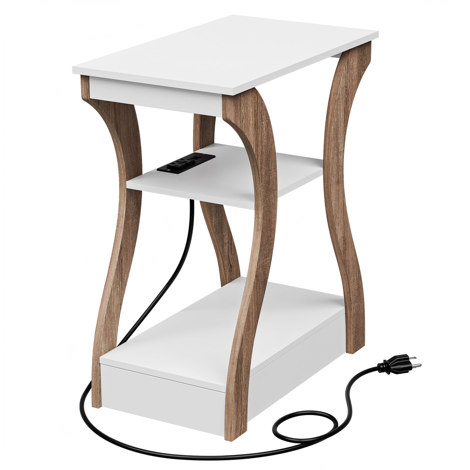 HomGarden Set of 2 Arc End Table W/Charging Station, 3 Tier Arc Sofa Side Table W/USB Ports & Storage Shelf for Living Room, Bedroom, White