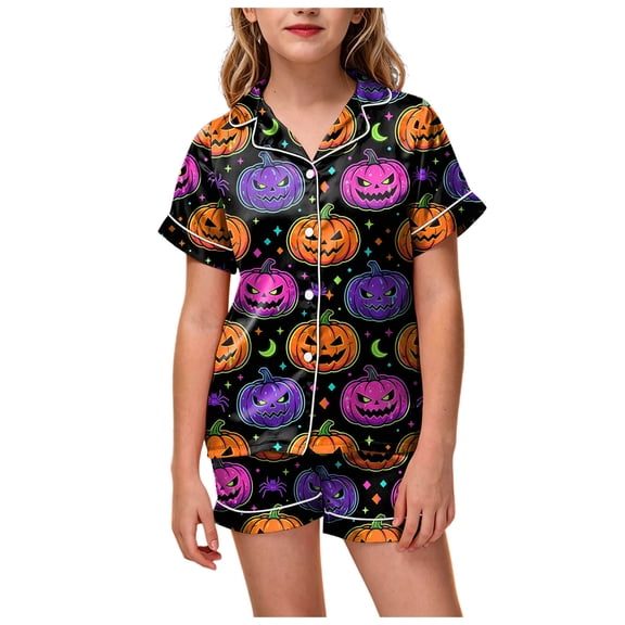 Dmsael Little Girl Pajamas Baby Girl Halloween Silk Pajamas Set Button Down Pumpkin Ghost Short Sleeve Shirts Tops and Shorts Satin Pj Sets