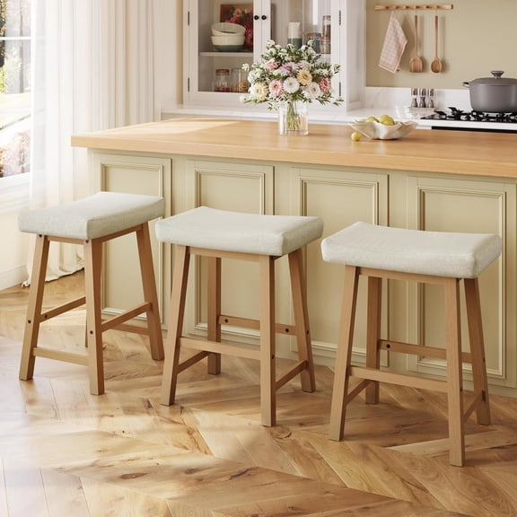 24 Inch Counter Height Bar Stools Set of 3 Backless | Saddle Bartool Chair for Kitchen Counter Island with Footrests for Dining Room Small Space, Beige