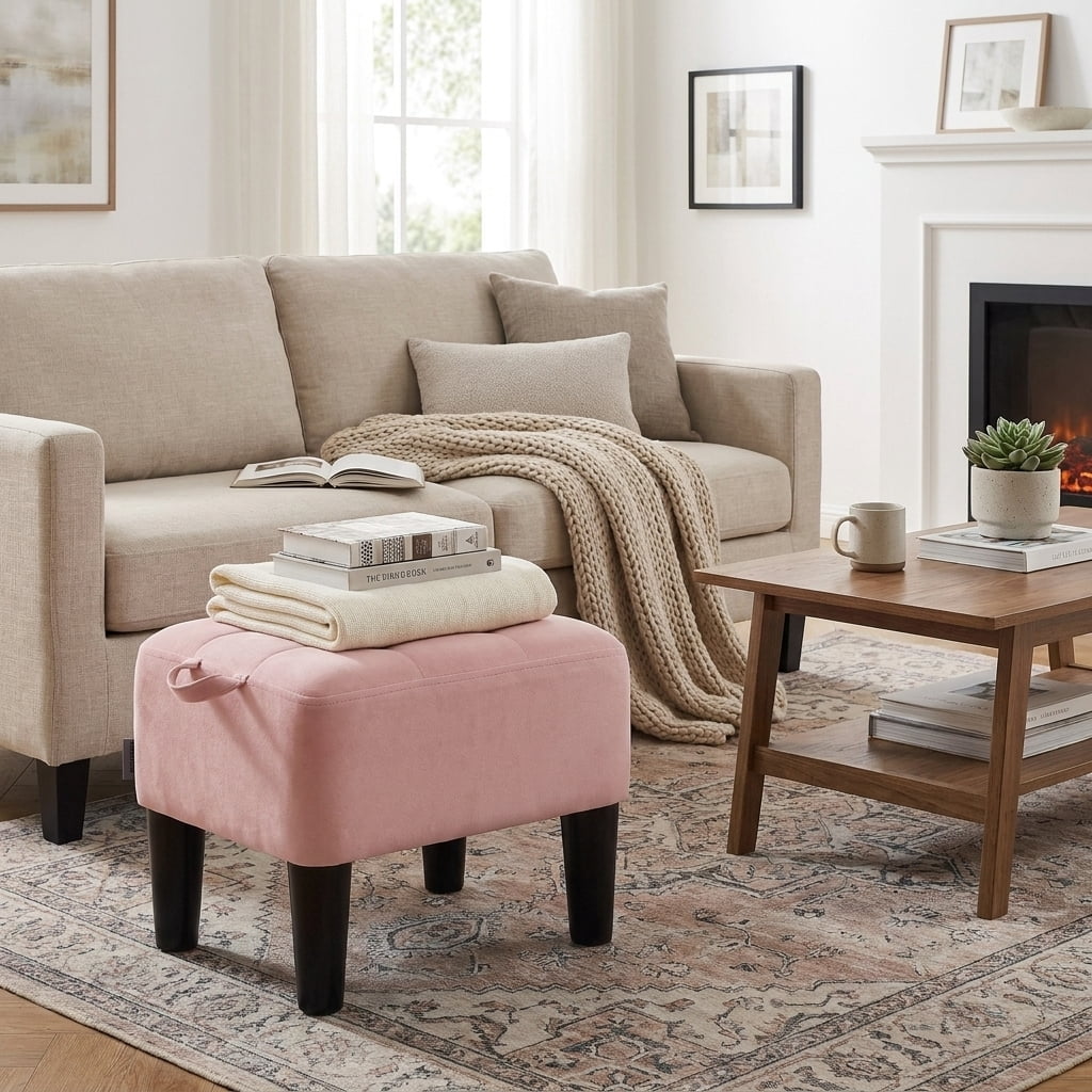 Ledrem Small Ottoman Foot Stool with Thick Cushion and Sturdy Angled Legs, Jelly Pink