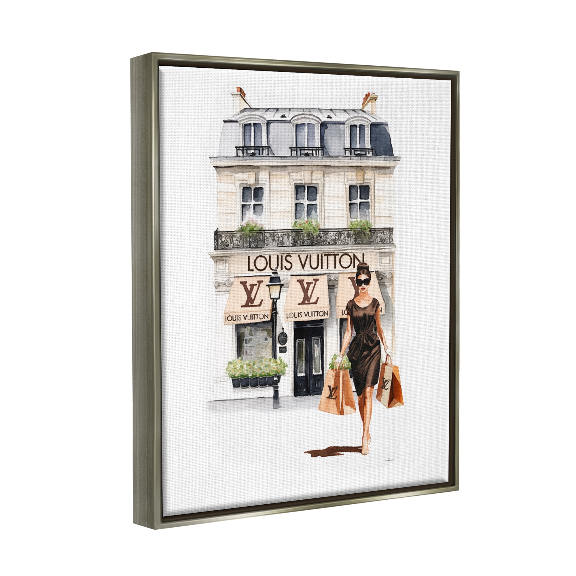 Stupell Industries Fashion Girl Shopping Town & City Painting Gray Floater Framed Canvas Art Print Wall Art, 25 x 31