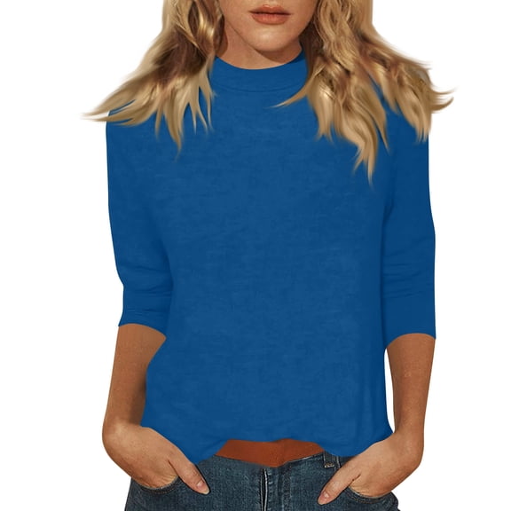 Garbnen Women's Mock Neck Tops Blue Fitted 3/4 Length Sleeve Womens Tops Dressy Spring Summer Three Quarter Sleeve Women's Blouse