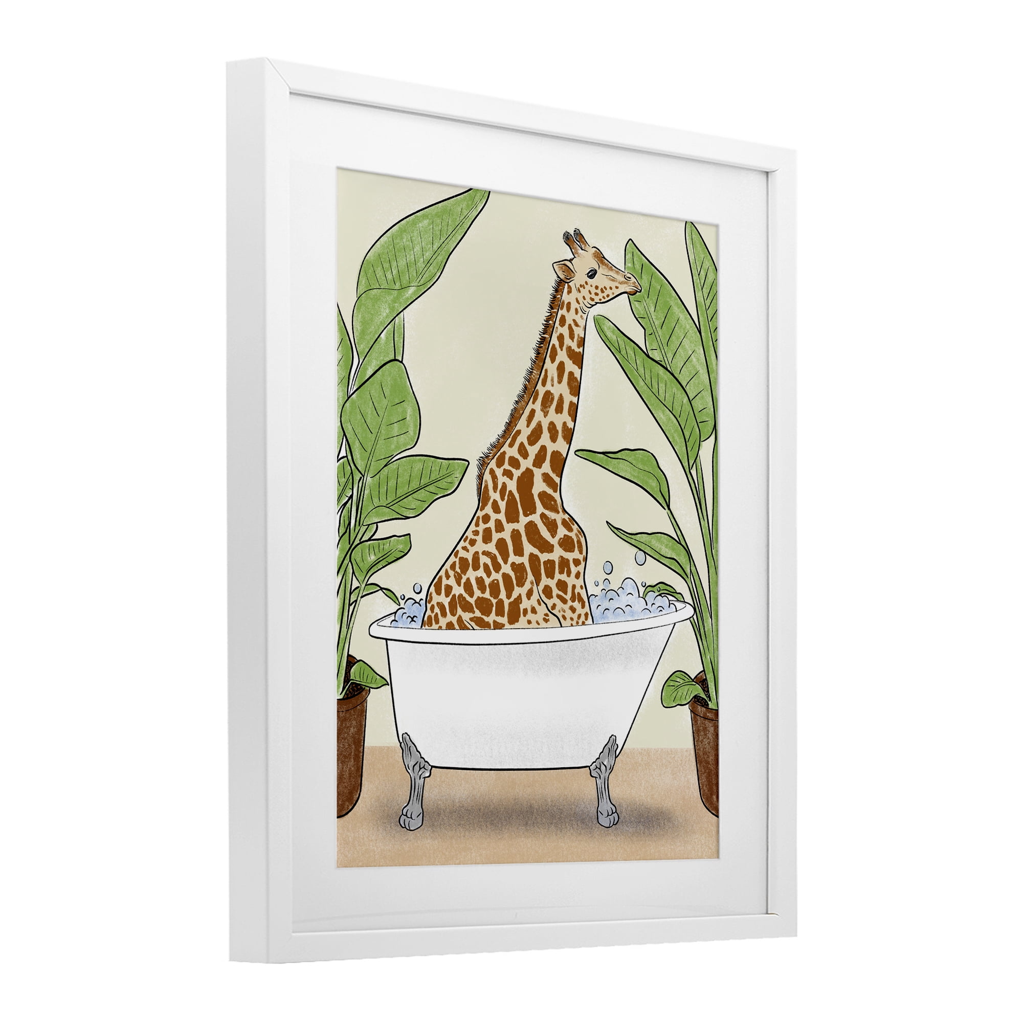 Stupell Industries Bathing Giraffe & Plants White Framed Print Under Glass, design by Marcus Prime