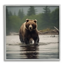 Stupell Industries Bear Splashing in Lake Animals & Insects Painting Gray Framed Art Print Wall Art, 24 x 24