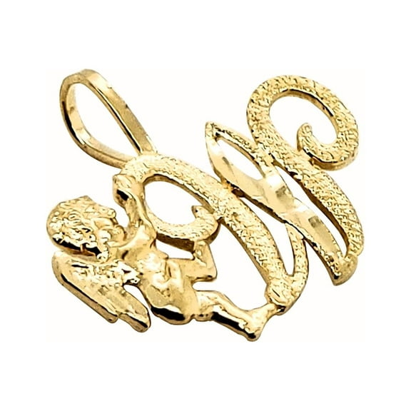 Precious Stars 14K Yellow Gold Cherub and Cursive Initial Letter 'W' Pendant - No Chain, Pendant Only